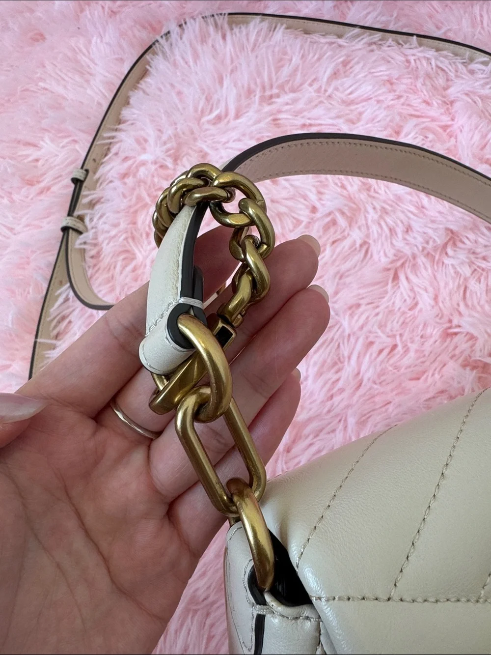 Tory Burch Cream Quilted Leather Crossbody with Gold Logo